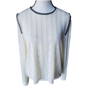 Feminine Ivory Coquette Soft Pointelle Sweater With Black Trim Women's XL